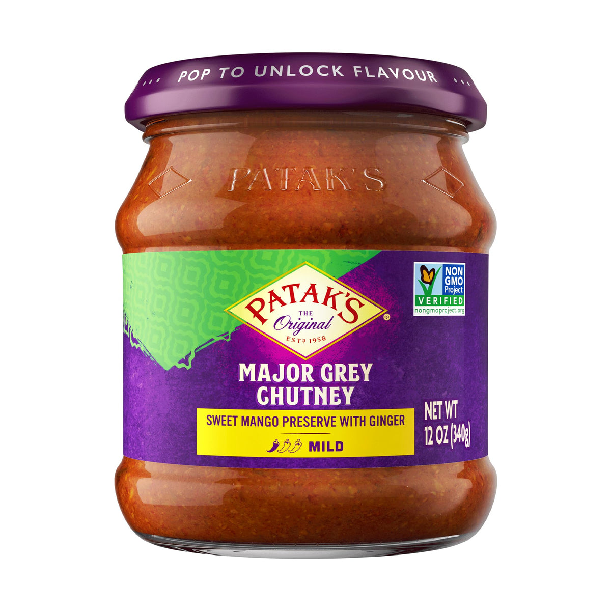 Patak's Major Grey Chutney jar close-up for dipping and spreading with mango spice.
