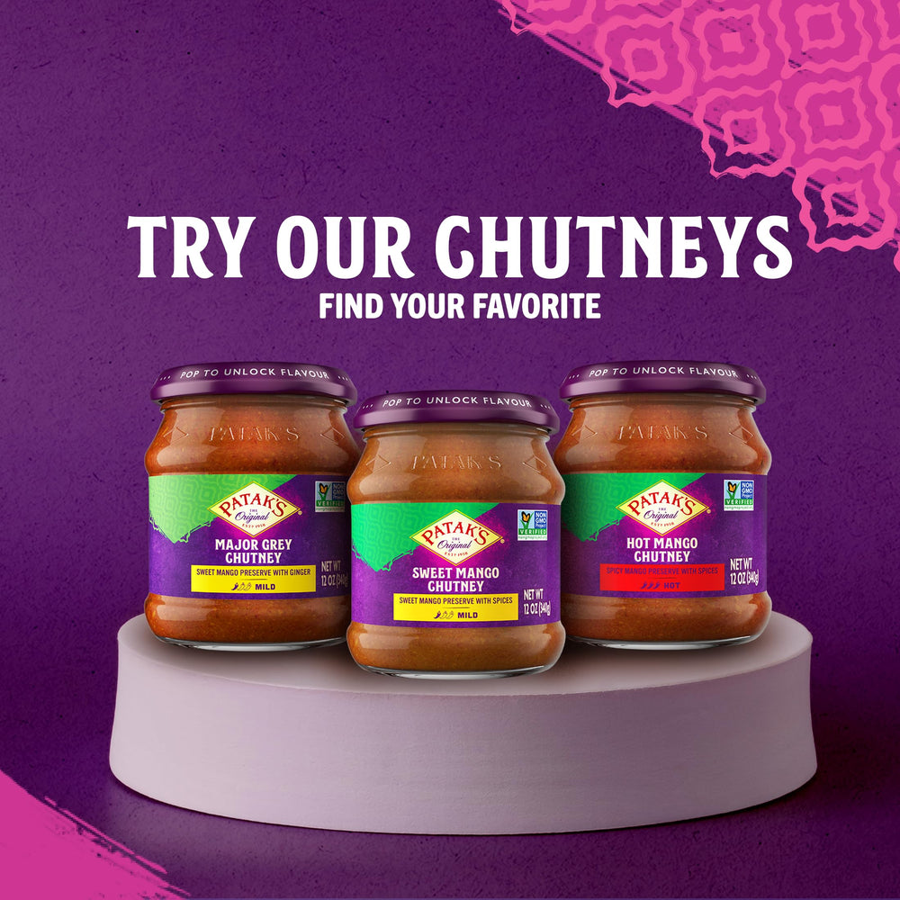 Patak's Major Grey Chutney packaging 12oz label highlighting vegan and gluten-free features.