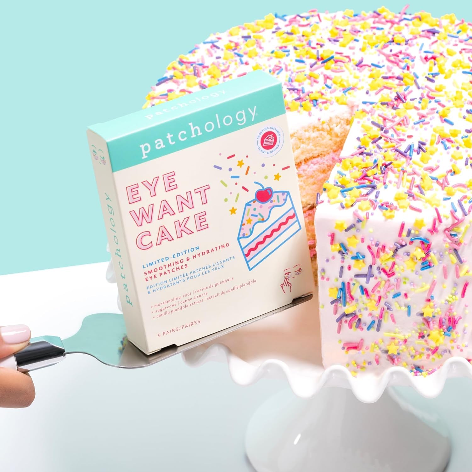 Patchology Eye Want Cake patches being applied under the eyes for quick hydration.