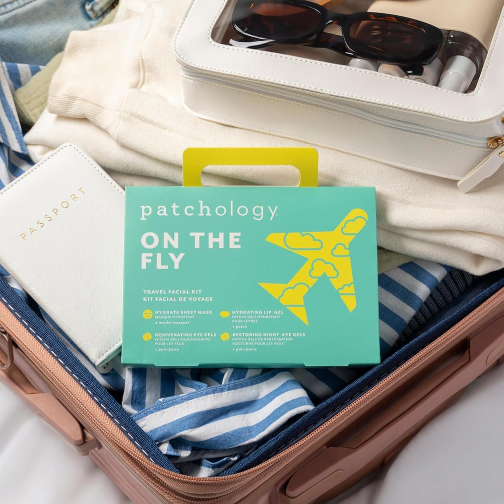 Patchology On The Fly kit contents include patches, gels, and lip treatment for on-the-go routines.