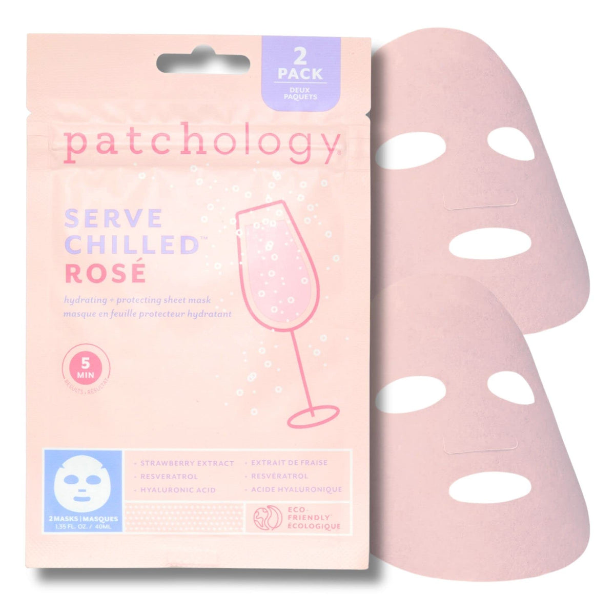 Patchology Serve Chilled Rosé sheet mask packaging highlights luxurious hydration for glowing skin