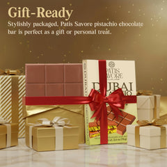 Patis Savore Dubai chocolate bar gift packaging showcases elegance for gifting.