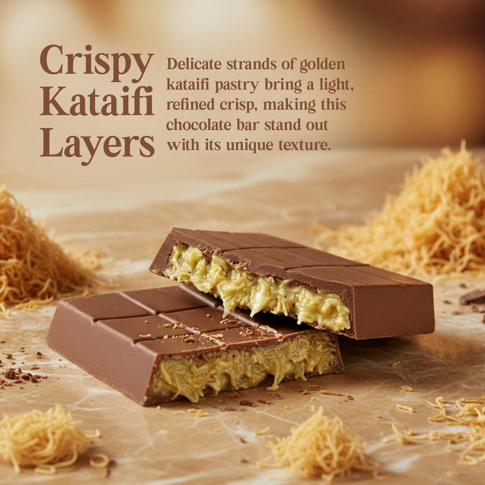 Patis Savore Dubai chocolate bar offers multi-layer pistachio cream and kataifi.