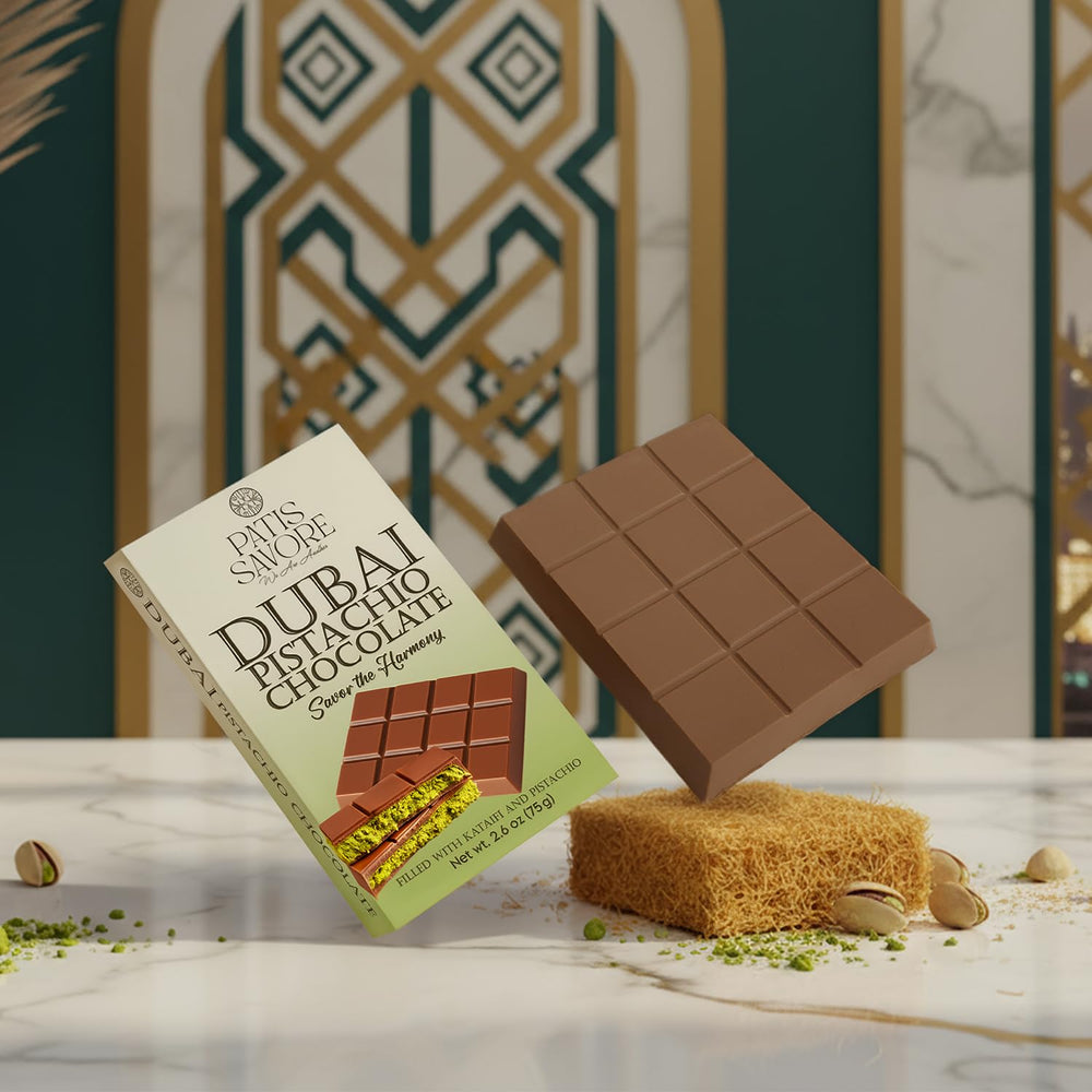 Patis Savore Dubai chocolate bar uses premium ingredients for refined dessert.
