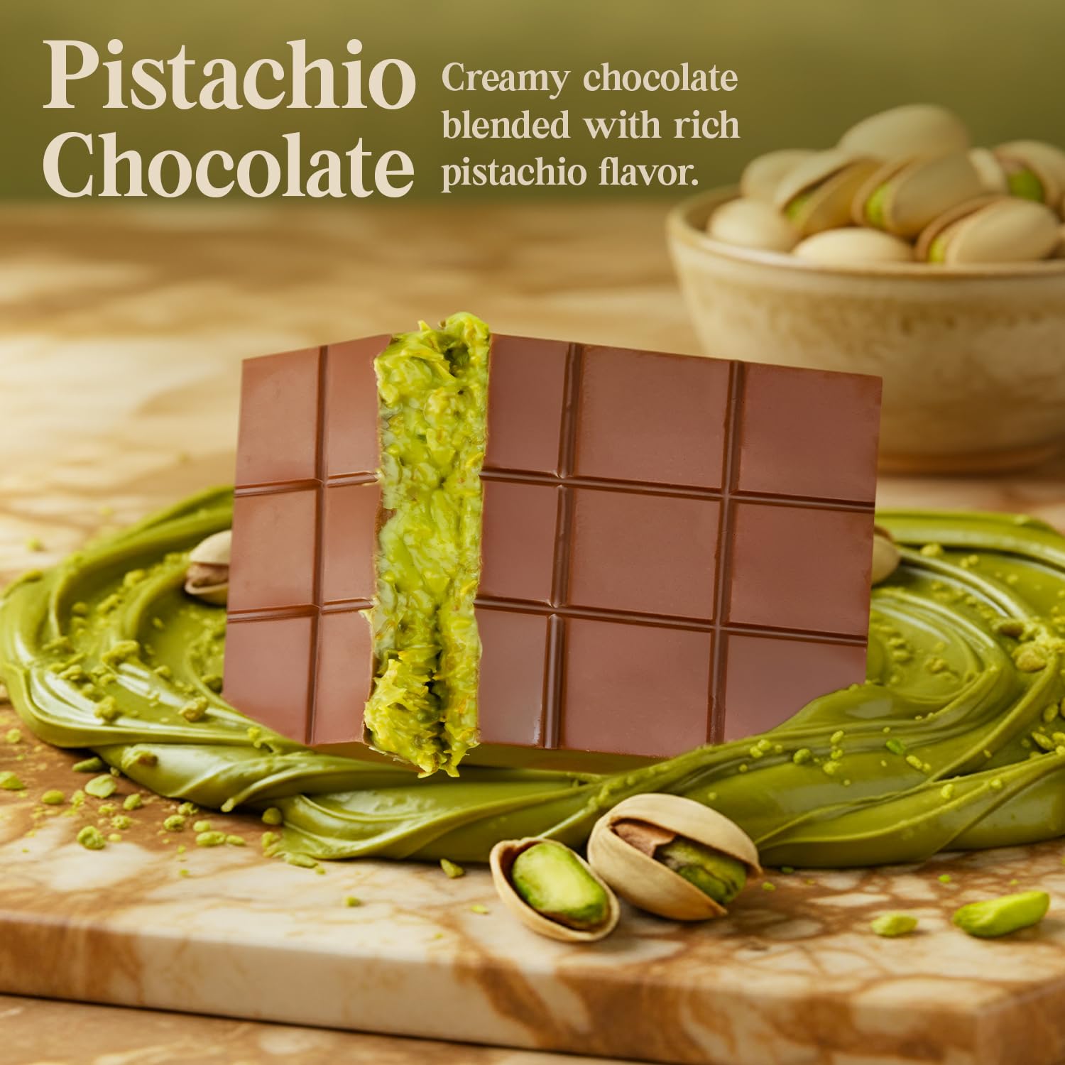 Patis Savore silky shell surrounds pistachio cream for a smooth finish.