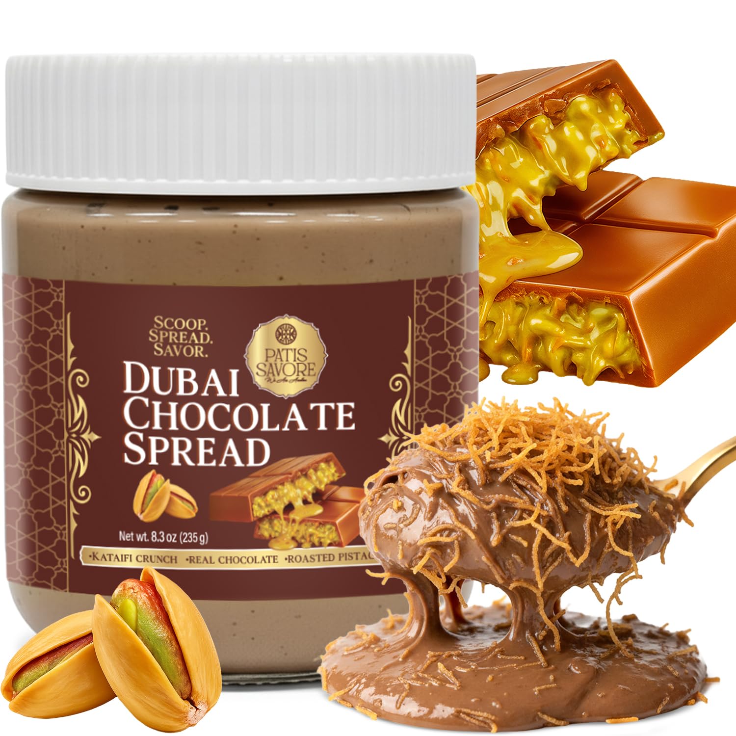 Patis Savore Dubai chocolate spread jar close-up with pistachio cream and kataifi for gourmet gifting