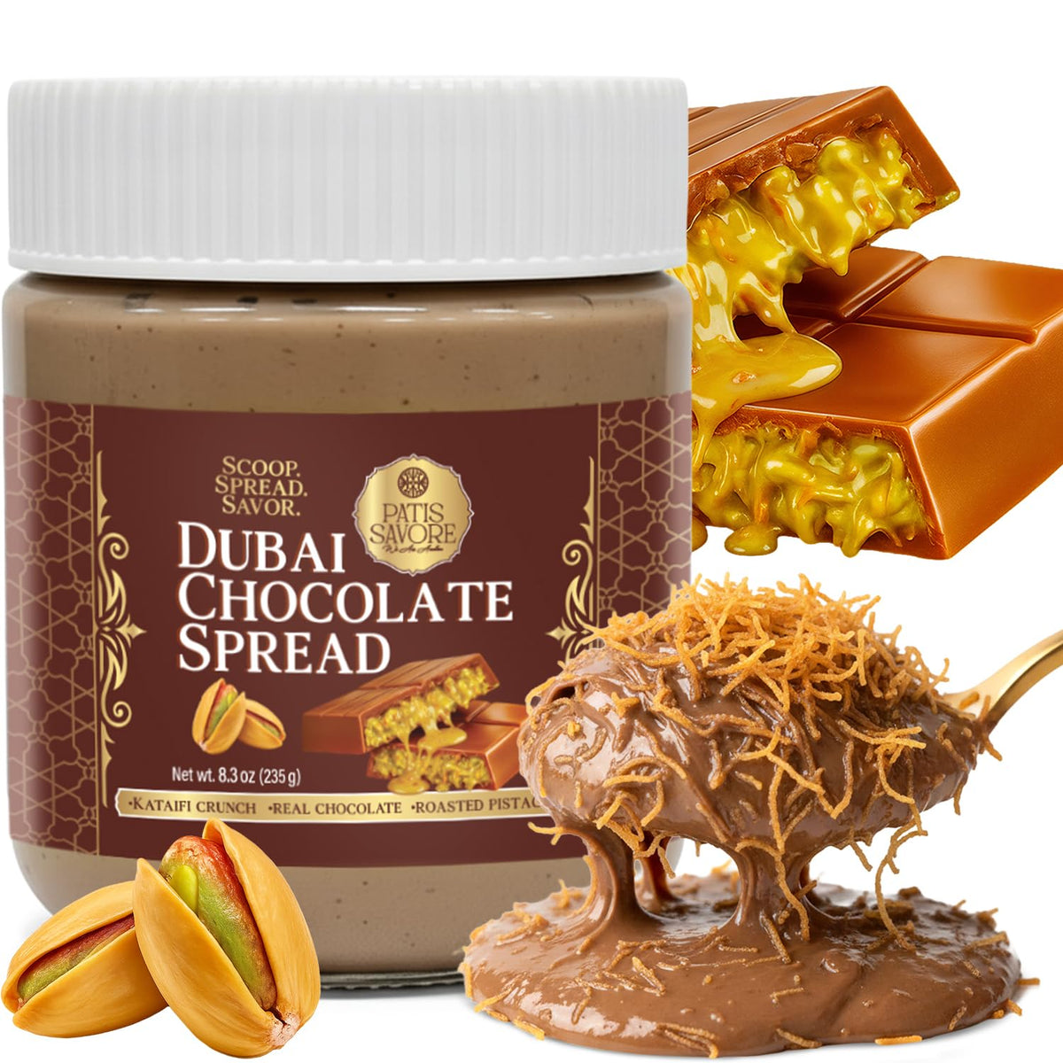Patis Savore Dubai chocolate spread jar close-up with pistachio cream and kataifi for gourmet gifting