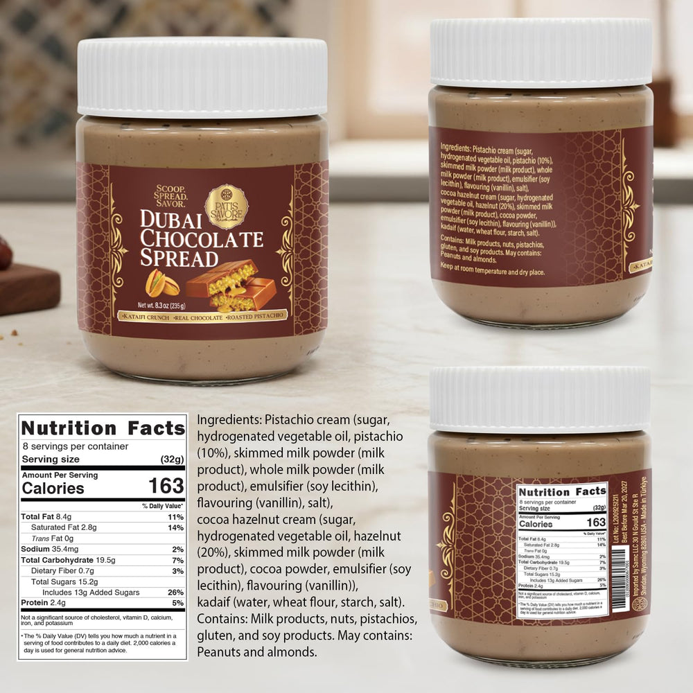 Patis Savore Dubai chocolate spread on toast setup for a luxurious morning treat