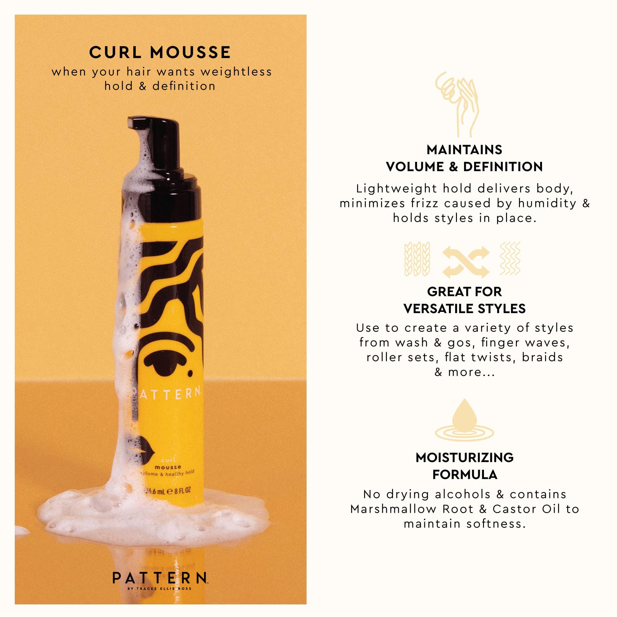 PATTERN Beauty Curl Mousse bottle with flexible shine for loose to tight curls.