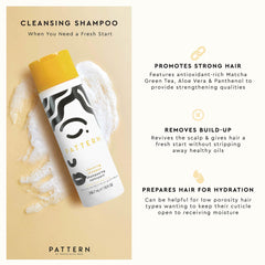 PATTERN Beauty cleansing shampoo ingredients featuring matcha aloe rosemary and safflower oil