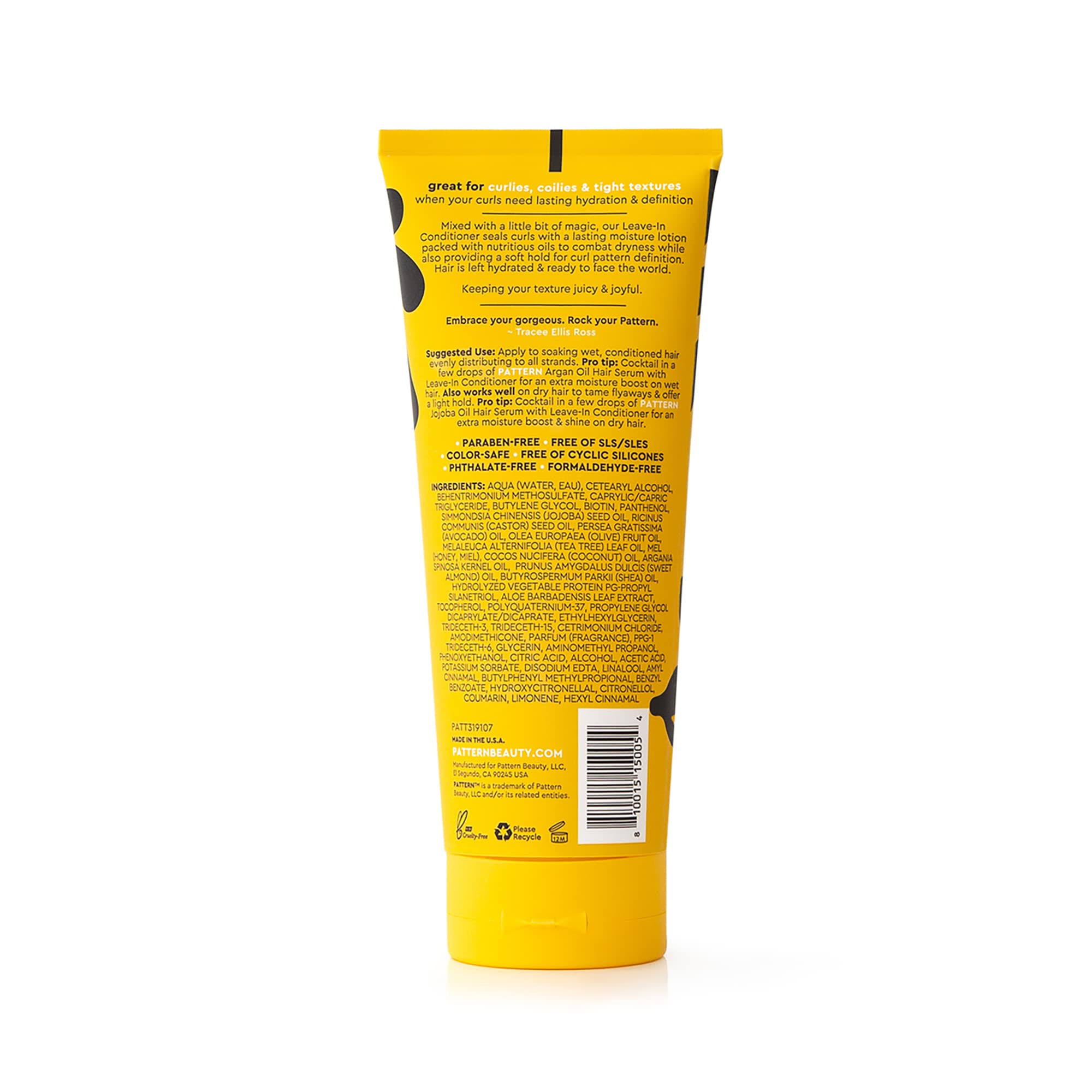 PATTERN Leave-In Conditioner packaging highlights premium hydration and detangling