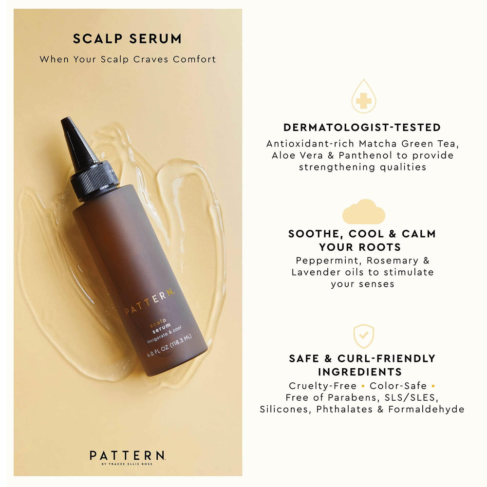 PATTERN Beauty scalp serum bottle closeup highlights moisturizing formula for dryness