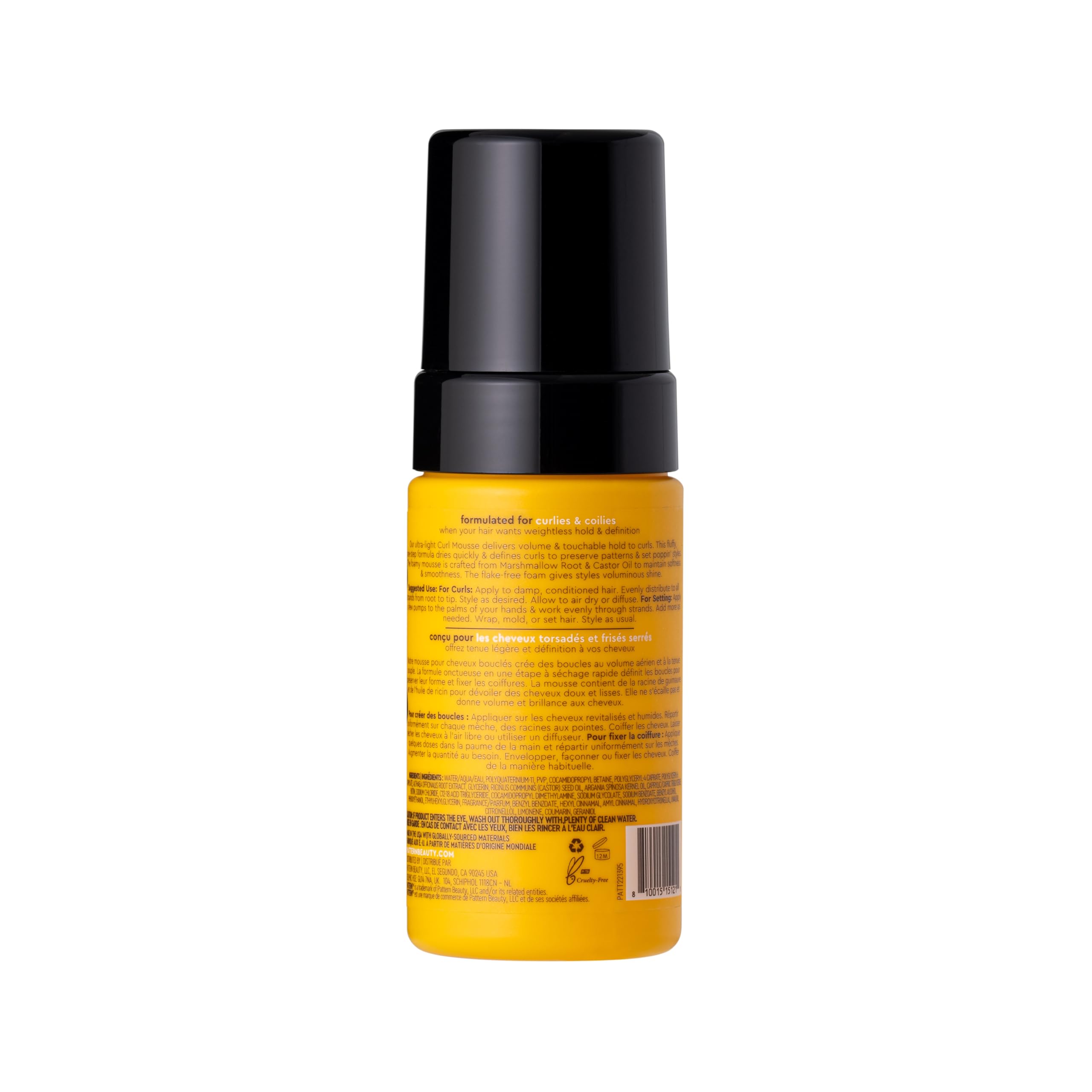 PATTERN Curl Mousse pump close-up highlighting flake-free, comfortable foam.