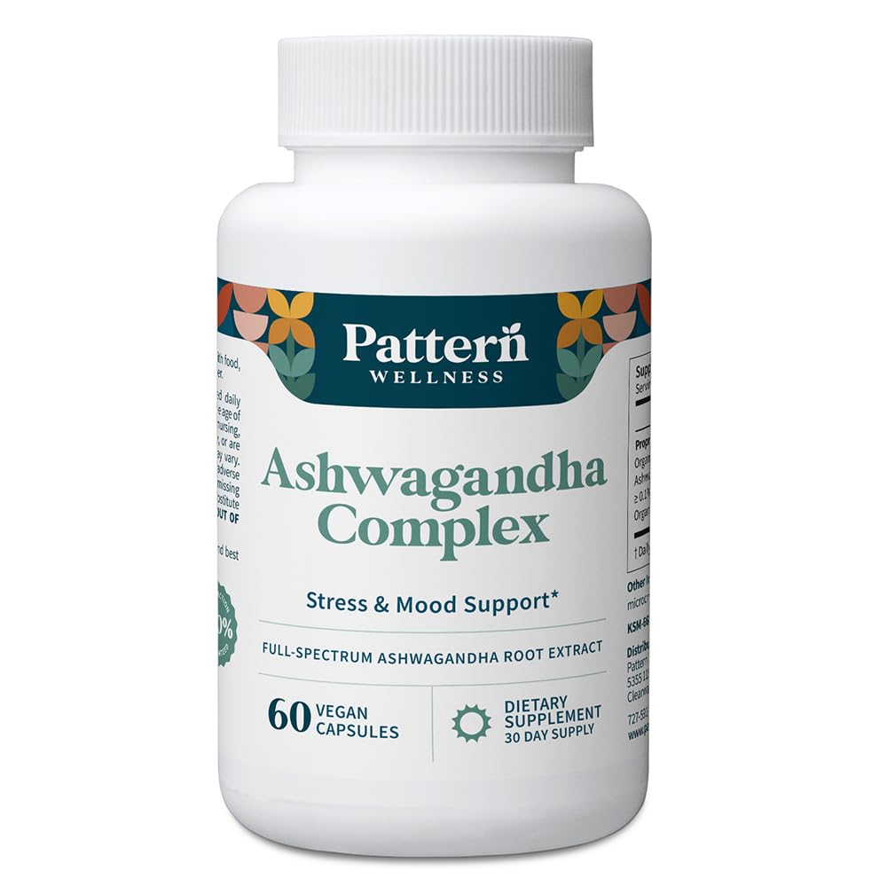 Pattern Wellness Ashwagandha Complex bottle with 60 vegan capsules for daily balance.