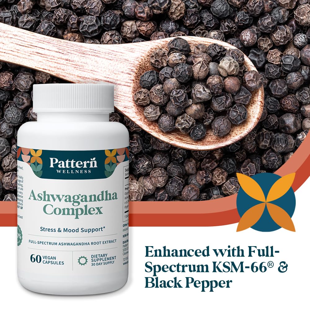 Pattern Wellness Ashwagandha Complex ingredient list emphasizes adaptogenic blend.