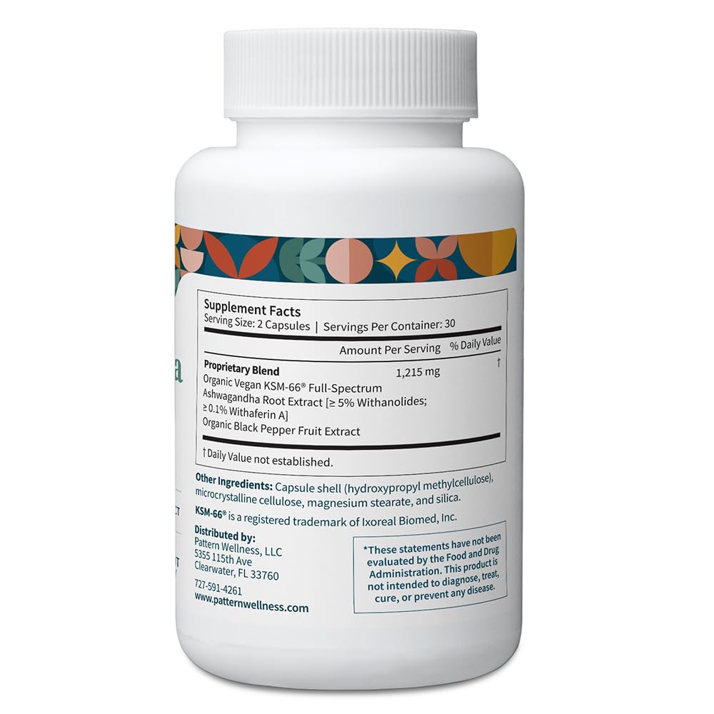 Pattern Wellness Ashwagandha Complex label highlights Organic KSM-66.