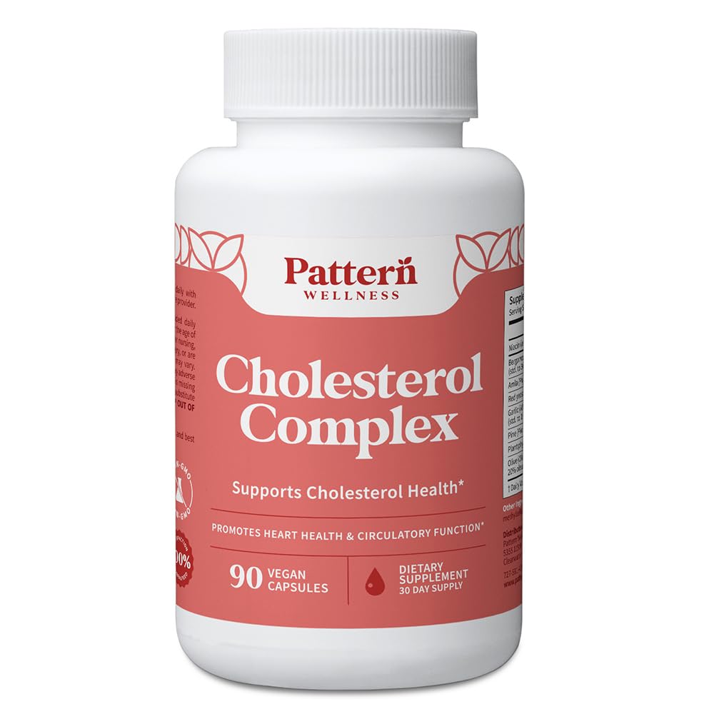 Pattern Wellness Cholesterol Complex bottle with capsules for daily wellness.