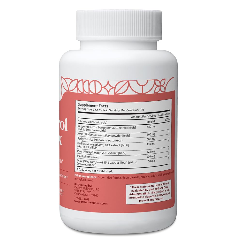 Pattern Wellness Cholesterol Complex label shows gluten-, dairy-, soy-free ingredients.