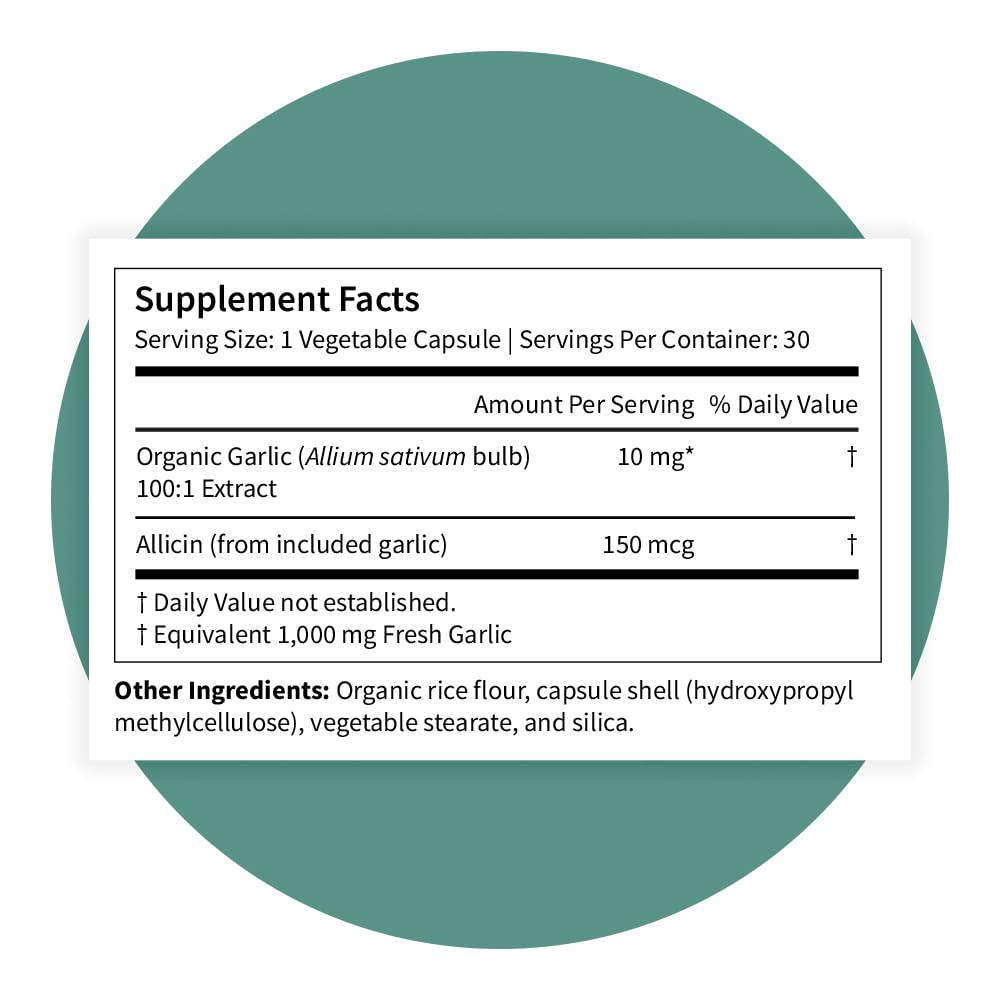Pattern Wellness GMP-certified production label on garlic capsules for purity.