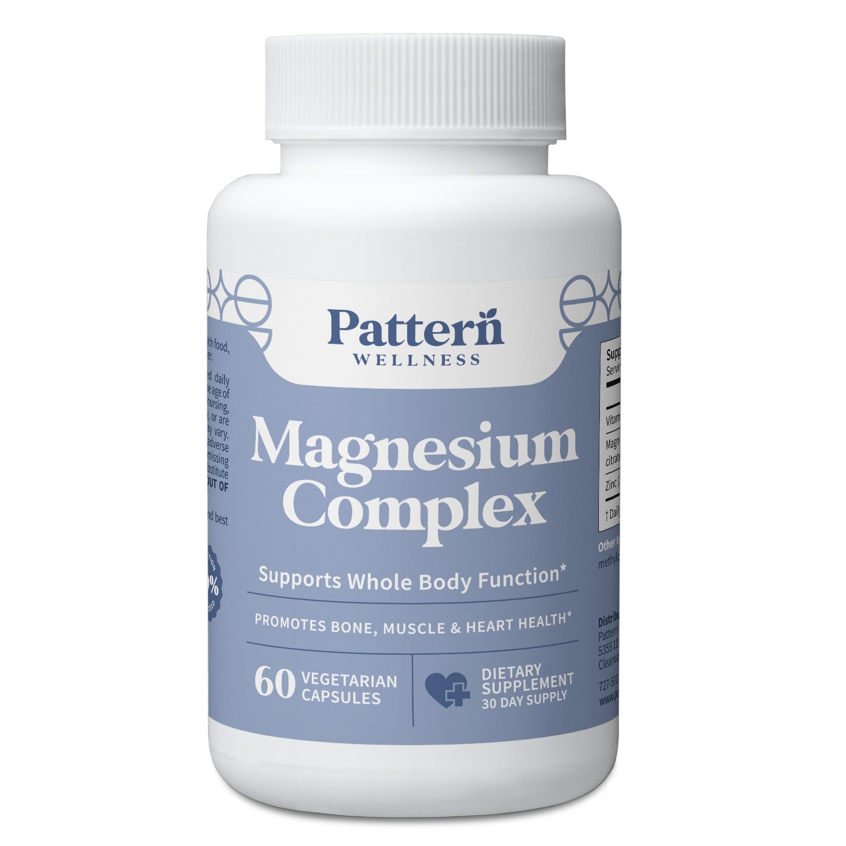 Pattern Wellness Magnesium Complex bottle with label highlights daily relaxation and muscle support.