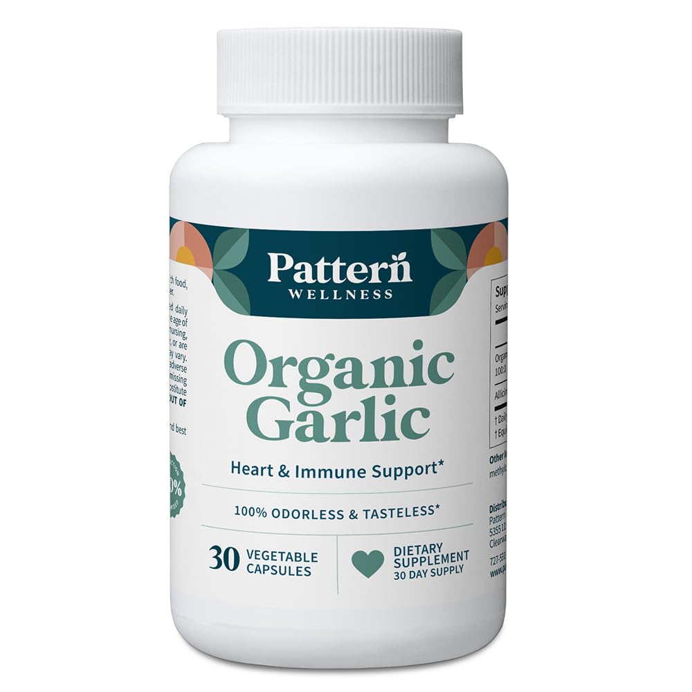 Pattern Wellness odorless garlic capsules for easy daily use and circulation support.