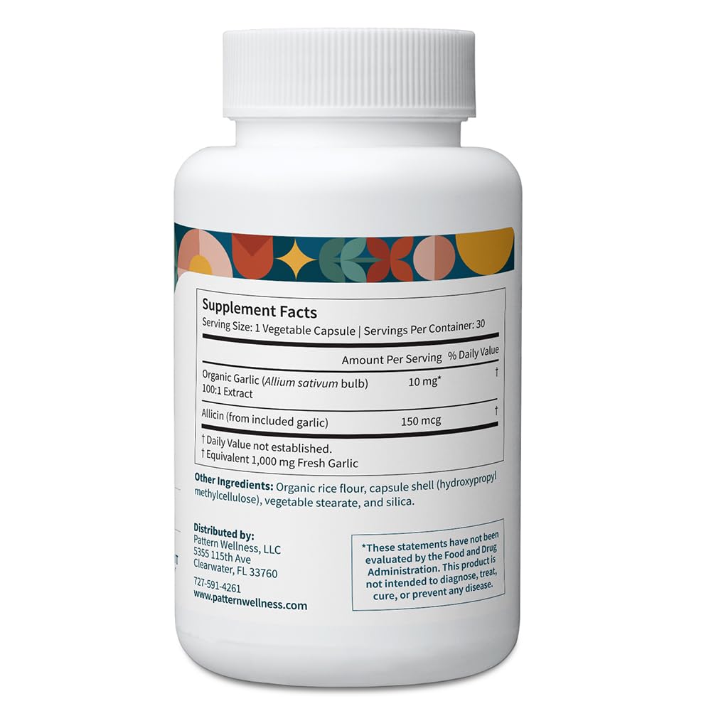 Pattern Wellness garlic capsules 1000mg delivering potency without aftertaste.