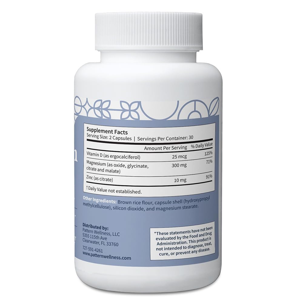Pattern Wellness zinc and vitamin D labels shown with capsules for bone health support.