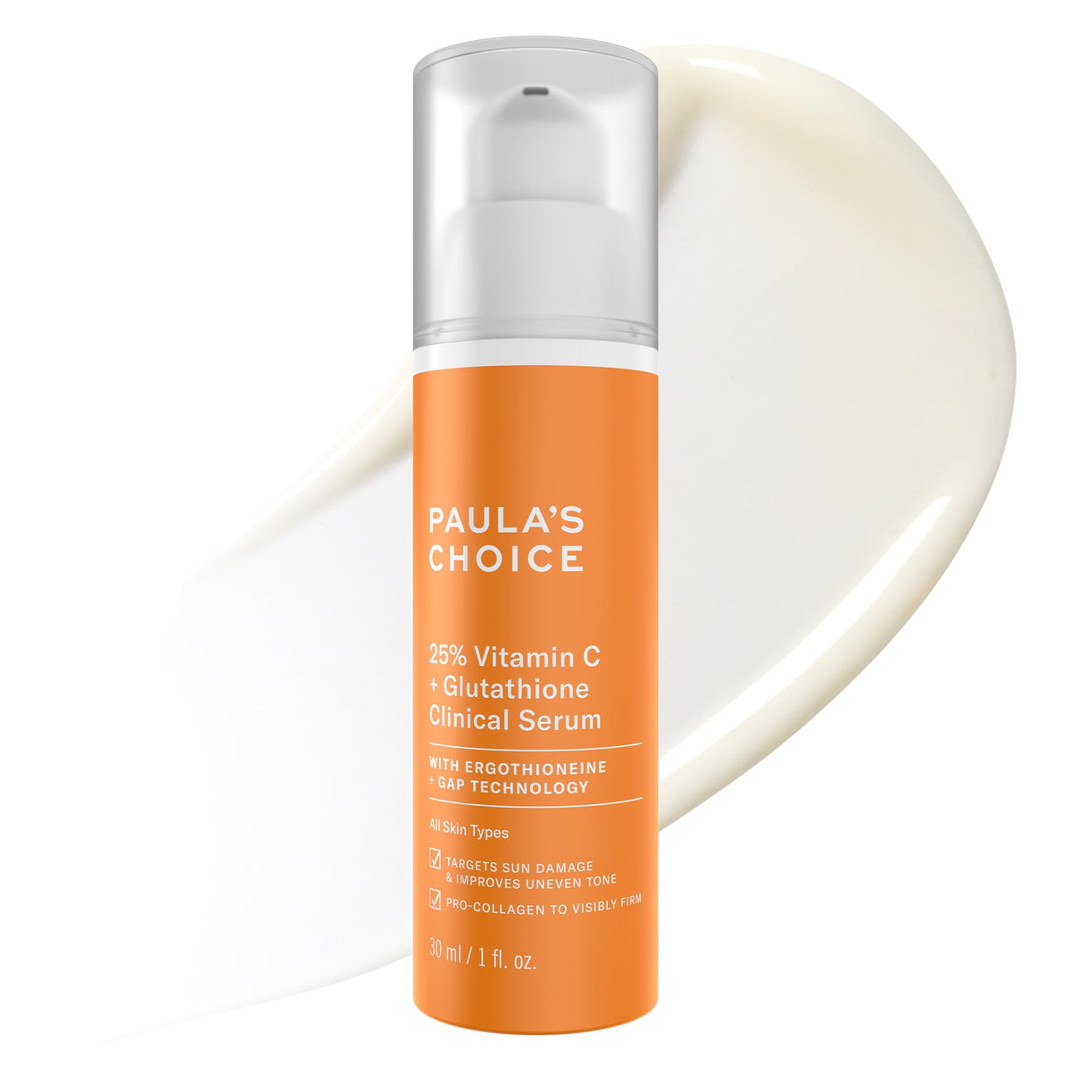 Paula's Choice 25% Vitamin C Serum bottle close-up, fragrance-free for sensitive skin.