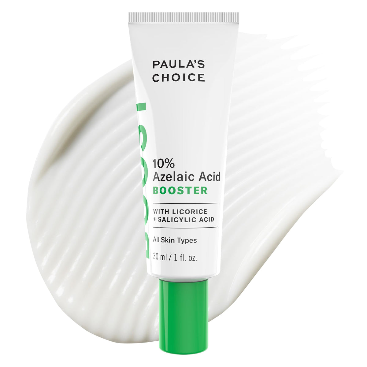 Paula's Choice Boost 10% Azelaic Acid Booster jar close shows fragrance-free oil-free absorption