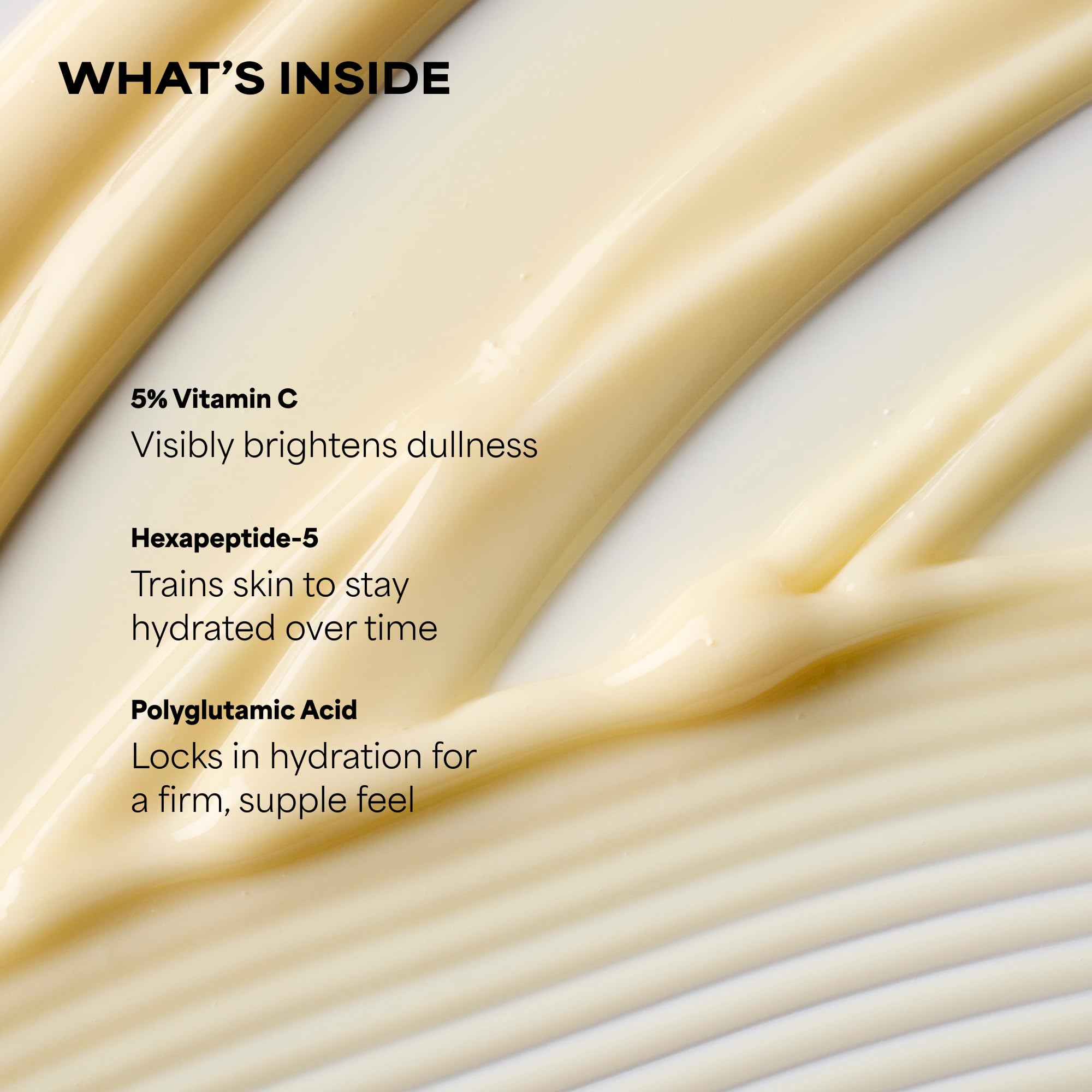 Ingredient panel lists 5% stabilized vitamin C and squalane