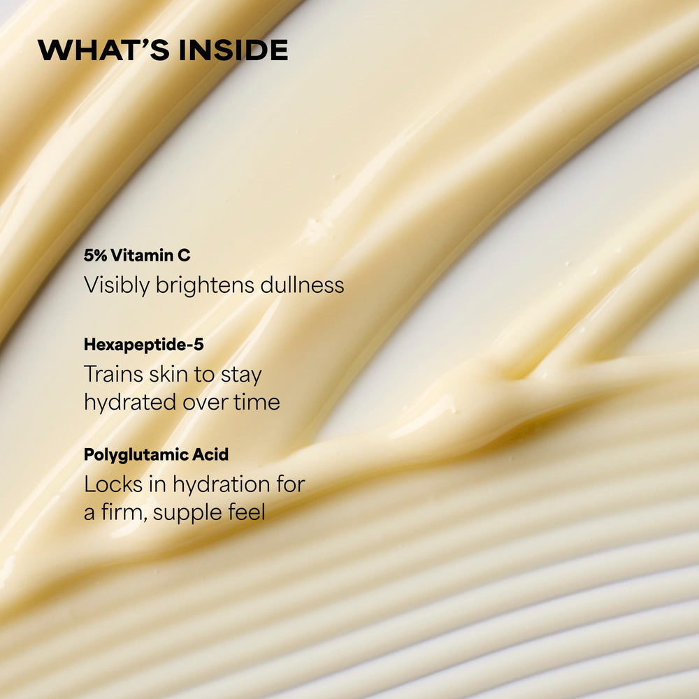 Ingredient panel lists 5% stabilized vitamin C and squalane