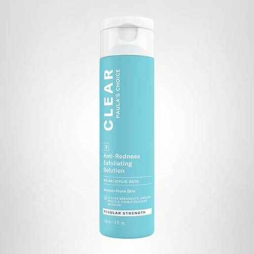 Paula's Choice CLEAR bottle beside clean skin close-up suggests routine use.