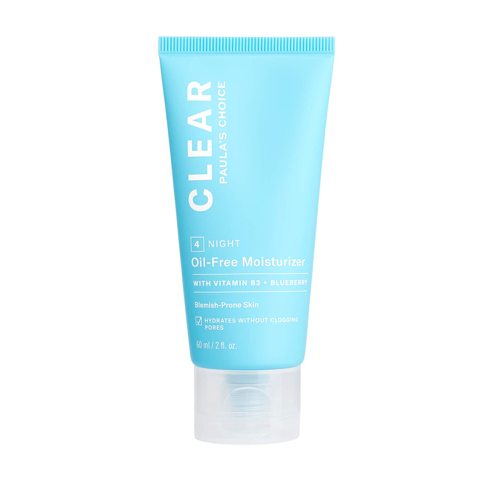 Paula's Choice CLEAR Oil-Free Moisturizer bottle shows weightless hydration for acne-prone skin.