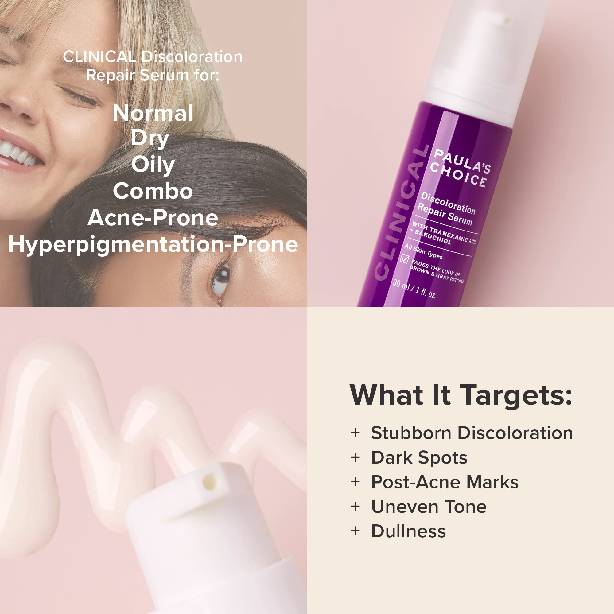 Paula's Choice Clinical Discoloration Serum texture drop shows creamy consistency for easy application.