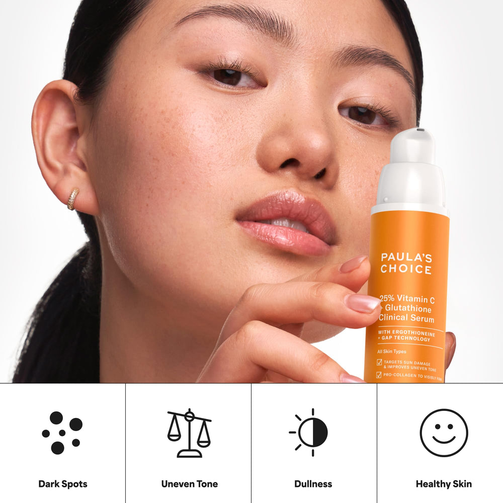 Discoloration improvement concept with Paula's Choice vitamin C serum visualization.