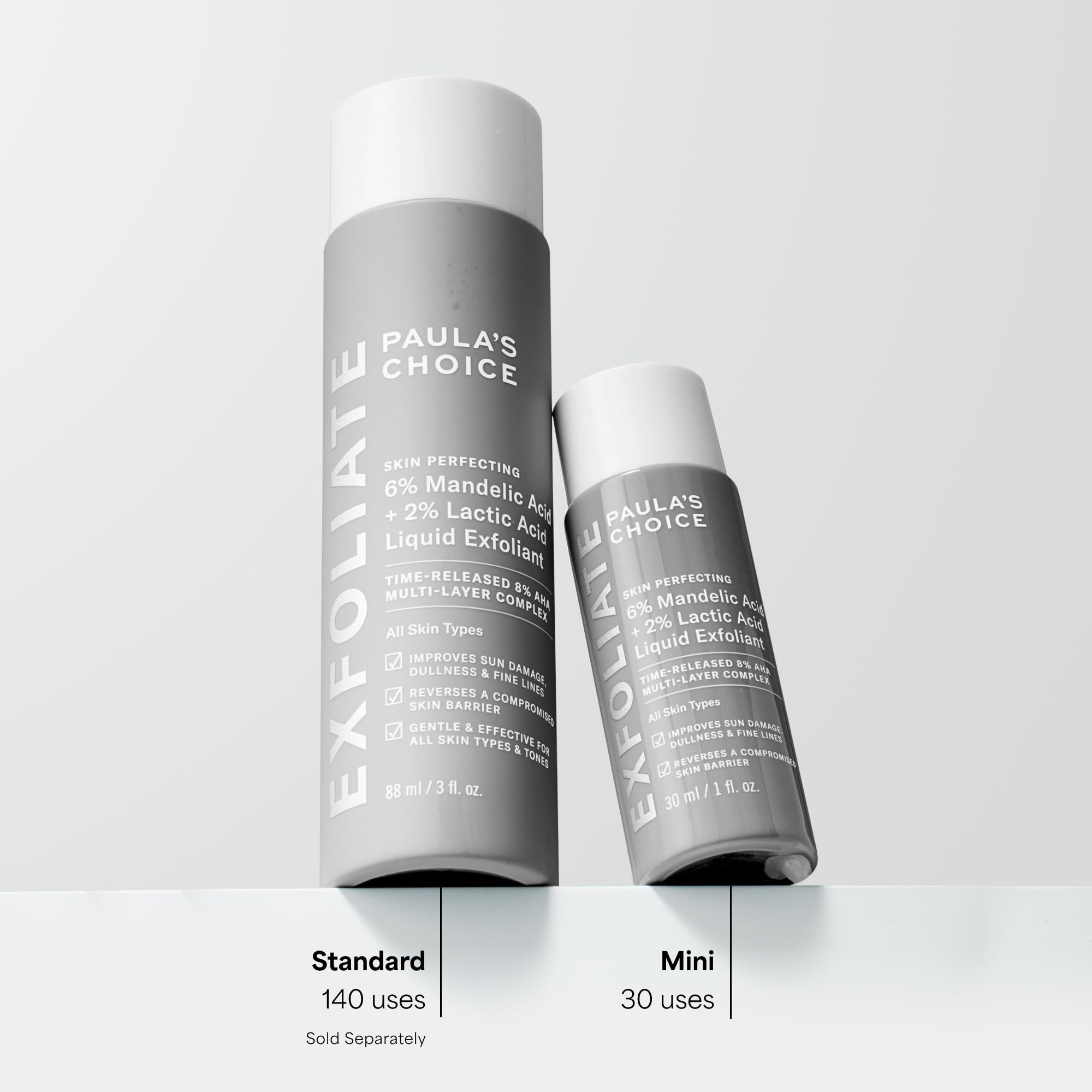 Paula's Choice Liquid Face Exfoliant bottle detail emphasizes packaging and size.