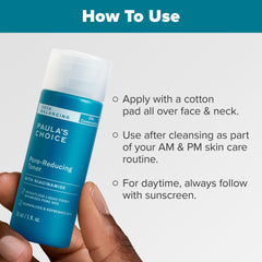 Paula's Choice Skin Balancing Toner label closeup emphasizes niacinamide benefits for clearer pores.