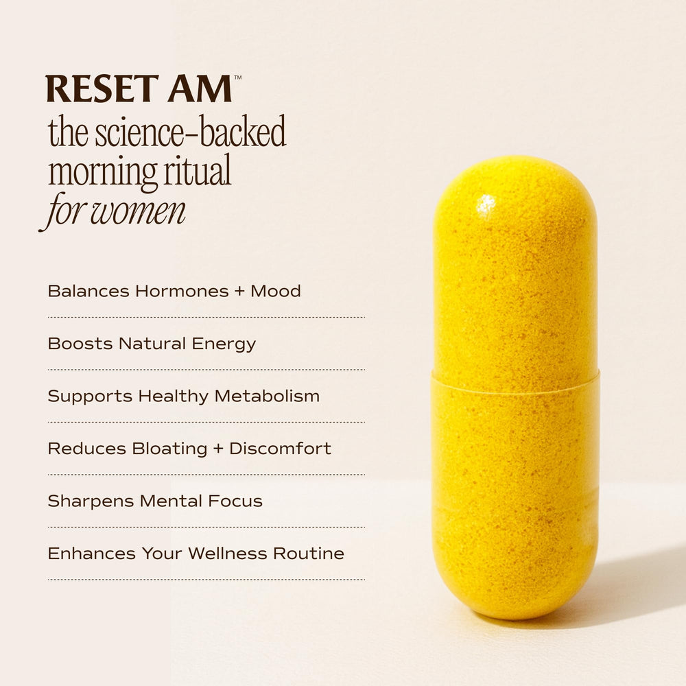 Paulina Fitness Reset AM bottle side view highlighting dosage for morning use.