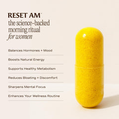 Paulina Fitness Reset AM bottle side view highlighting dosage for morning use.