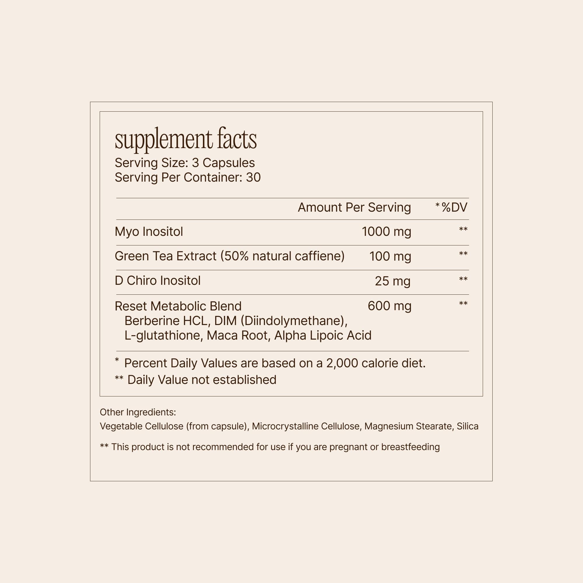 Paulina Fitness Reset AM label detail focusing on ingredients and safety.