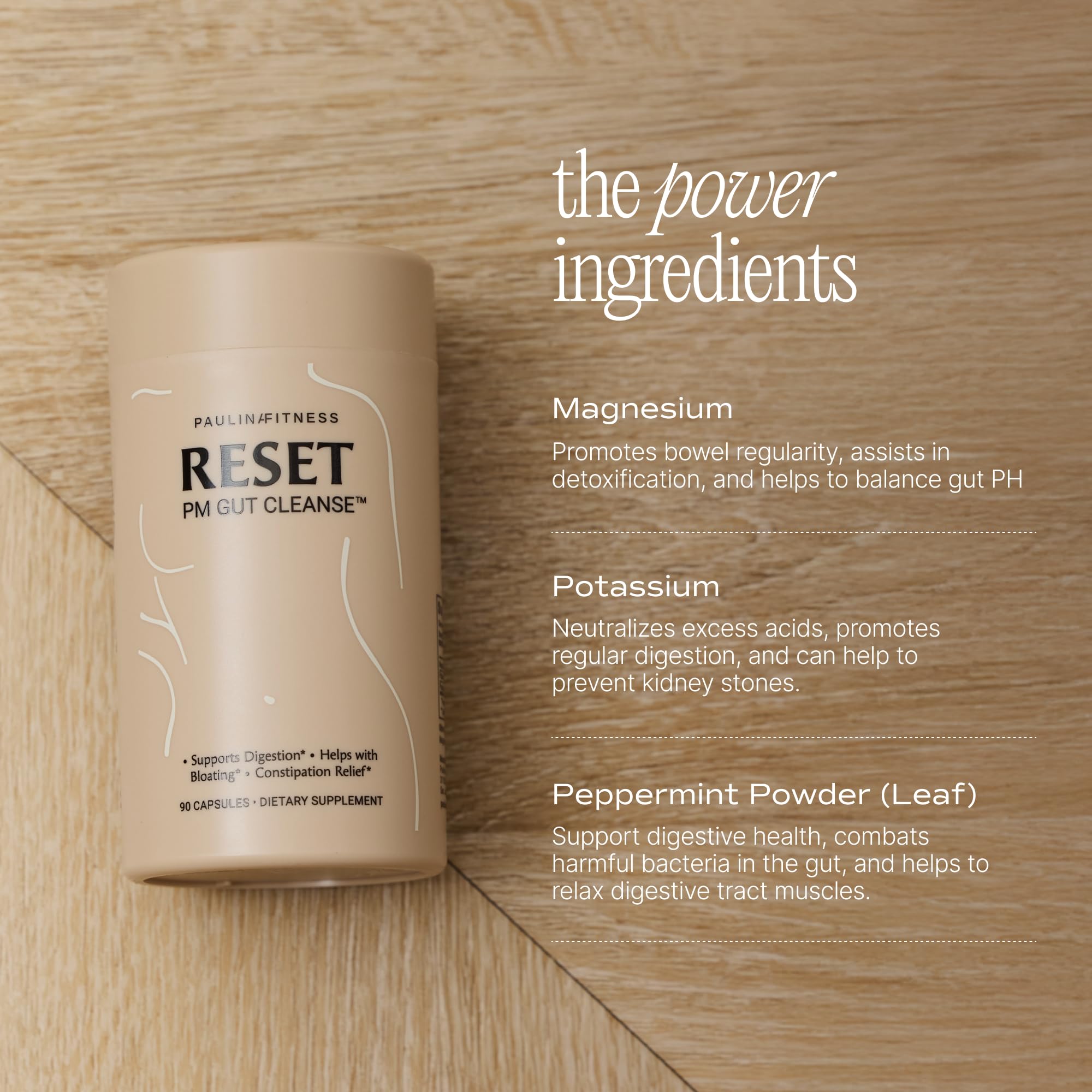 Paulina Fitness Reset bottle pour demonstrates easy nightly dosage.