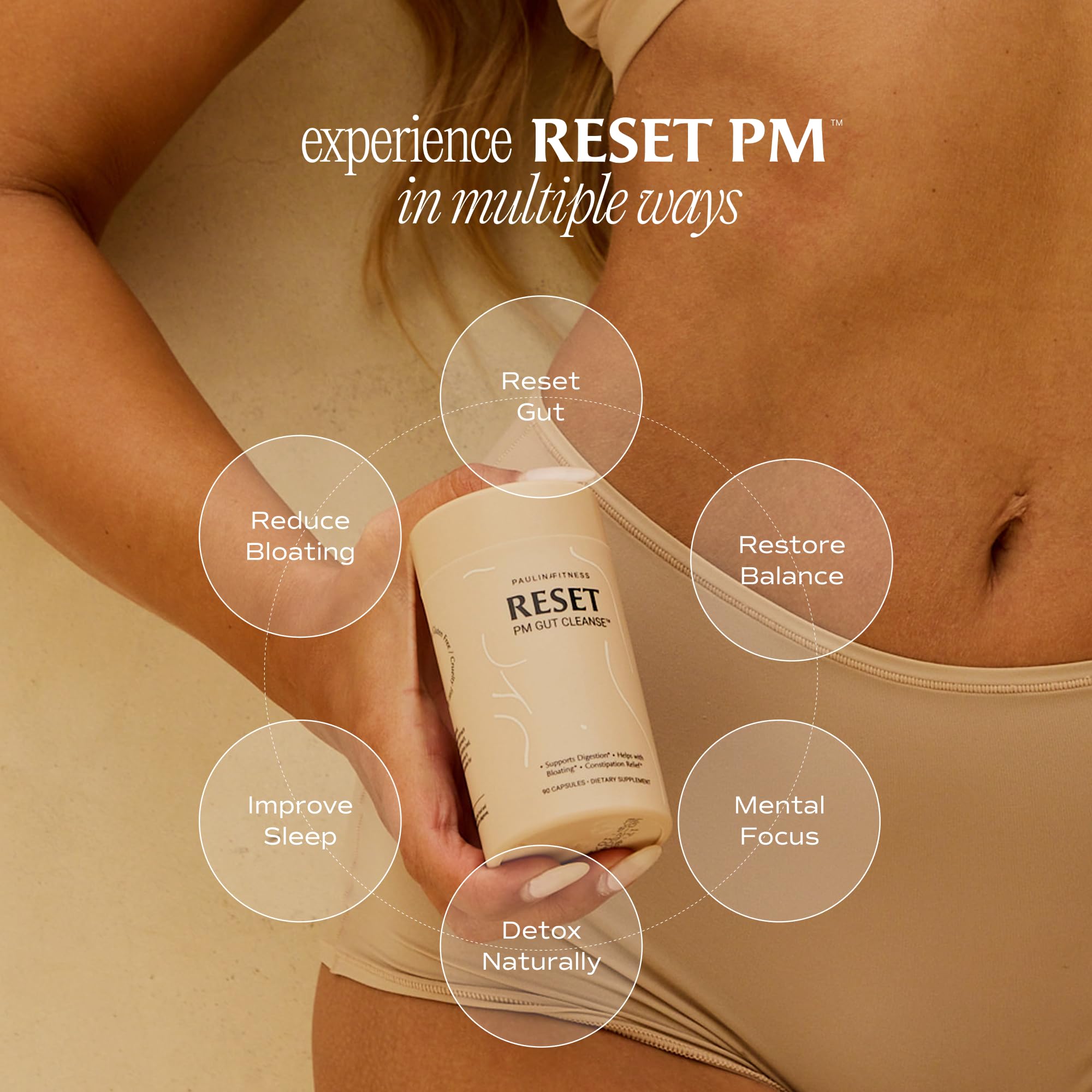Paulina Fitness Reset box packaging emphasizes nightly routine convenience.