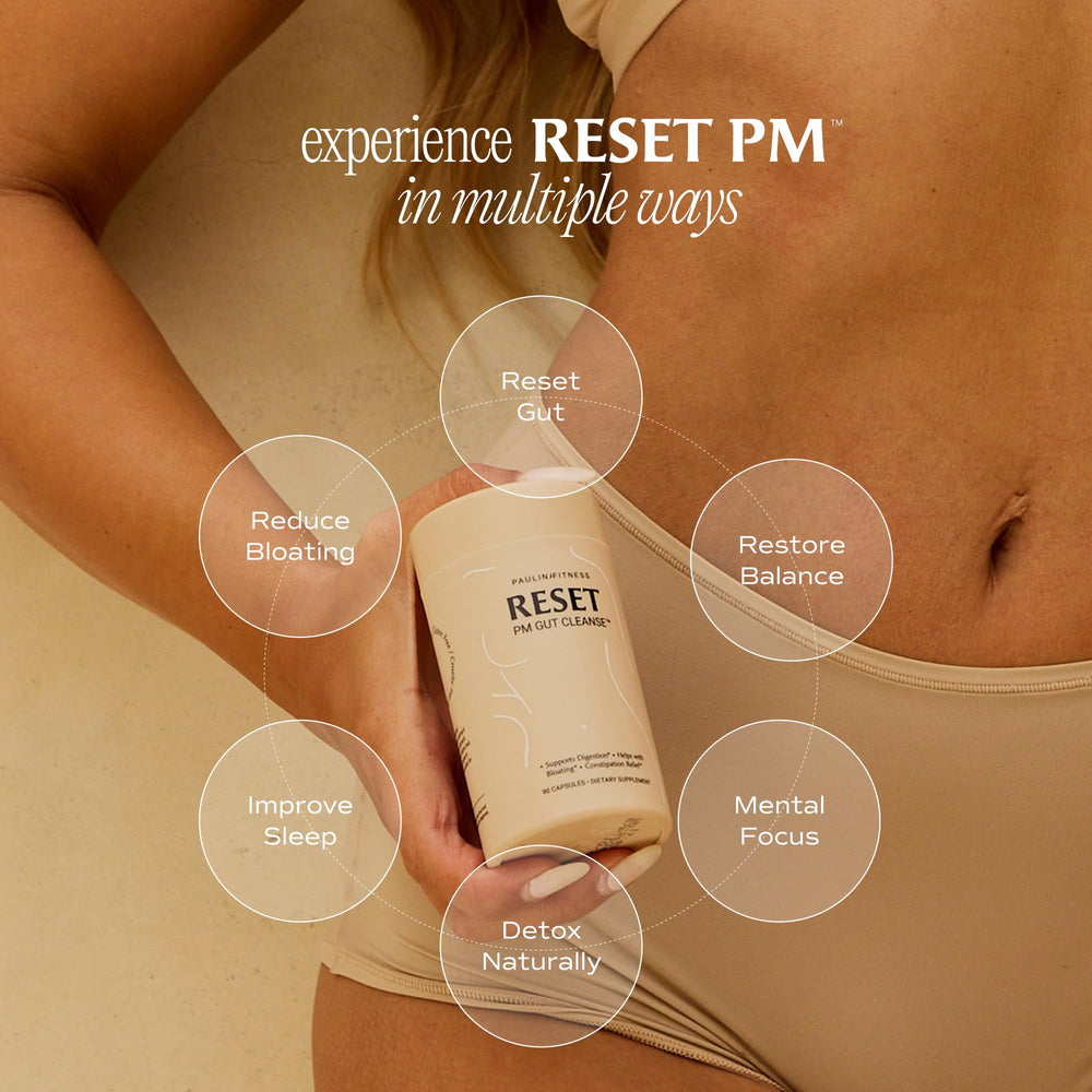 Paulina Fitness Reset box packaging emphasizes nightly routine convenience.