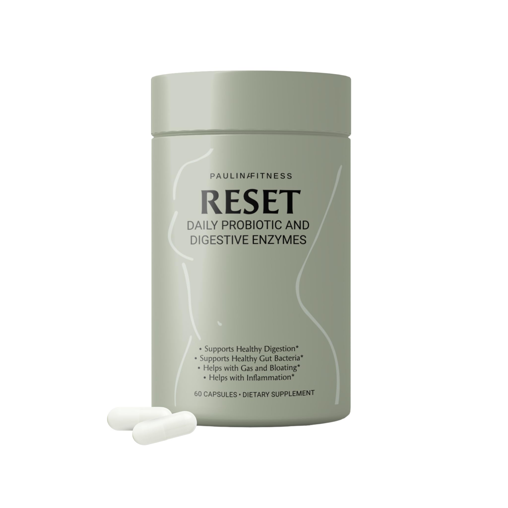 Paulina Fitness Reset Daily Probiotic bottle closeup showcases convenient daily gut support.