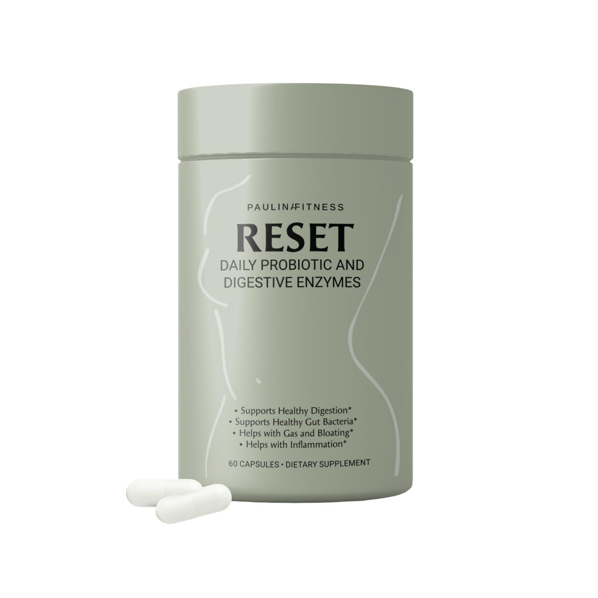 Paulina Fitness Reset Daily Probiotic bottle closeup showcases convenient daily gut support.