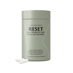 Paulina Fitness Reset Daily Probiotic bottle closeup showcases convenient daily gut support.