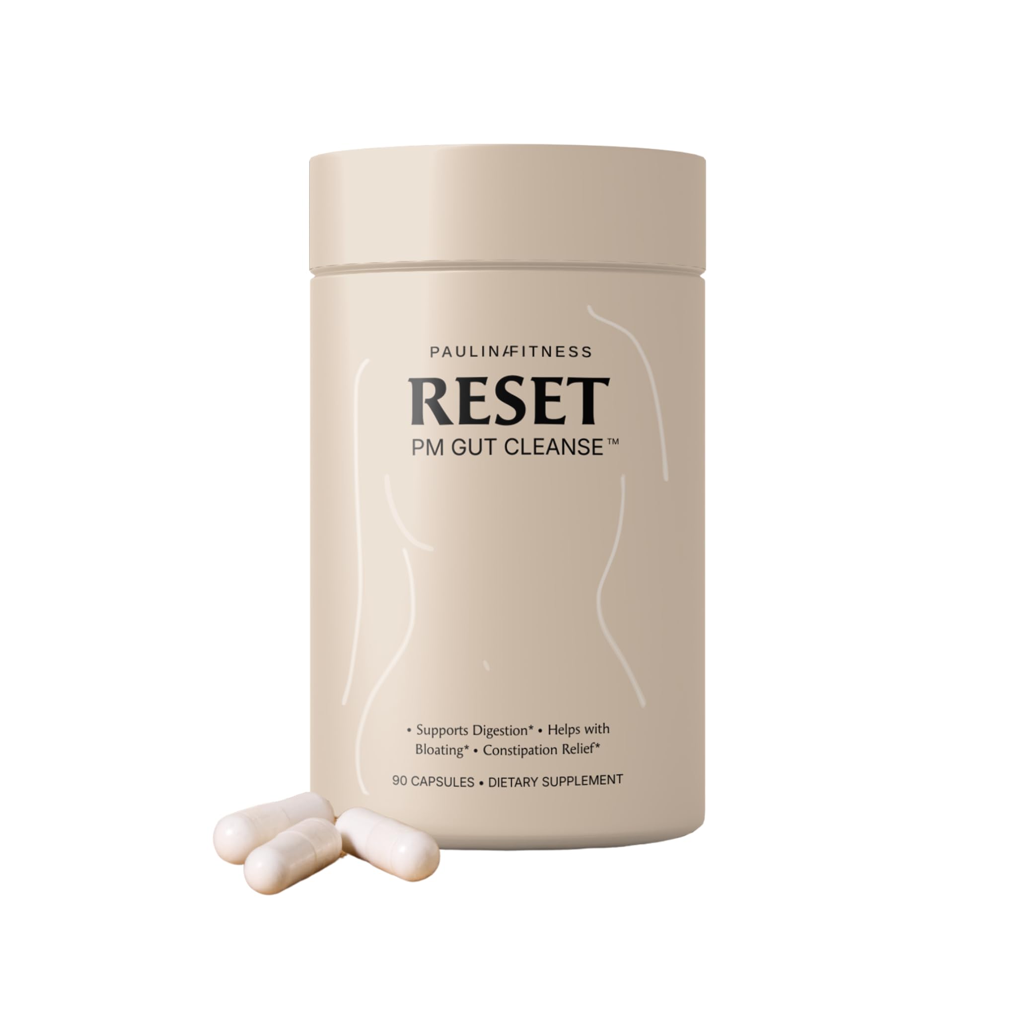 Paulina Fitness Reset overnight digestive aid bottle for restful digestion and nighttime support.
