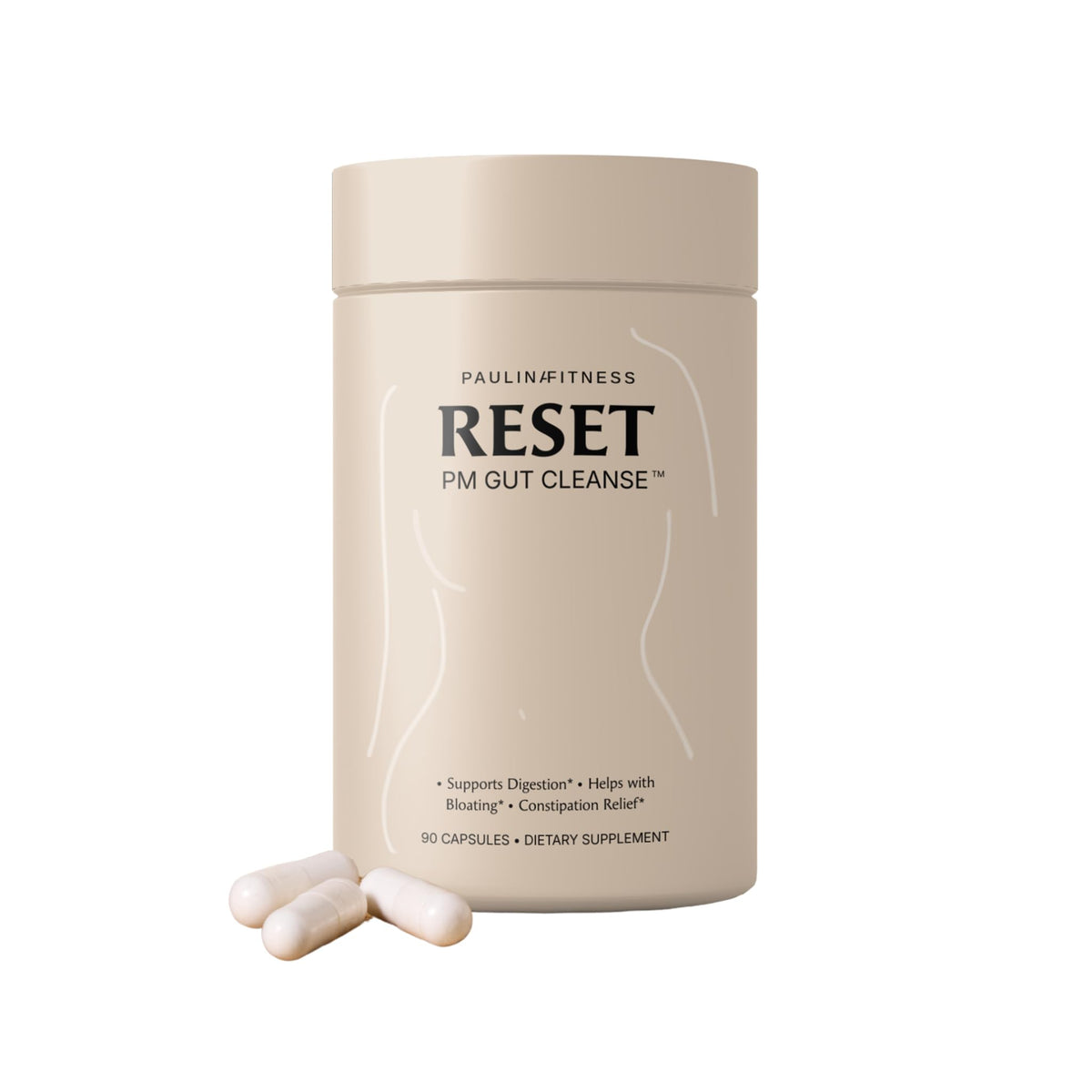 Paulina Fitness Reset overnight digestive aid bottle for restful digestion and nighttime support.