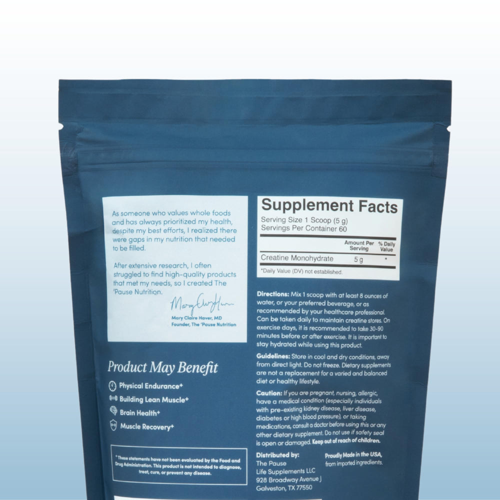 Pause Life Creatine Powder in glass ready to mix a refreshing drink.