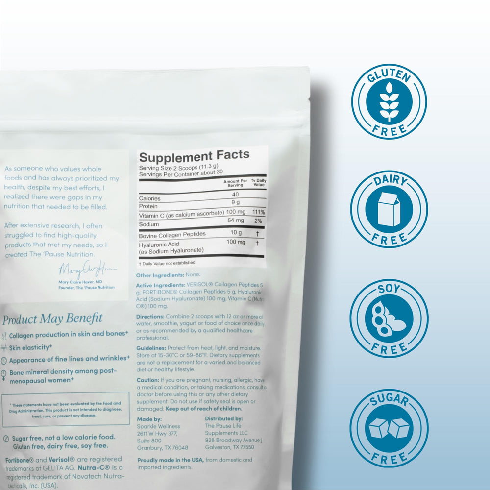 Pause Life gluten-free collagen blend on jar highlights clean ingredients.